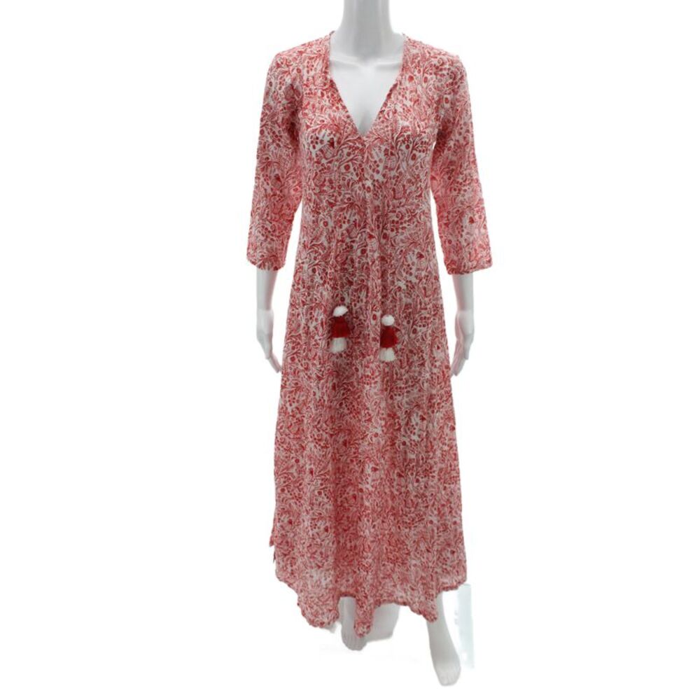 Guadalupe Womens Maxi Dress Red V-Neck Paisley 3/4 Sleeve Cotton Size S